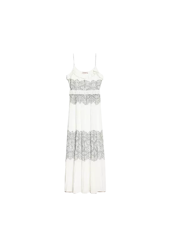 Abito lungo neve donna con intarsio di pizzo Valencienne | TWINSET Abito lungo neve donna con intarsio di pizzo Valencienne | TWINSET