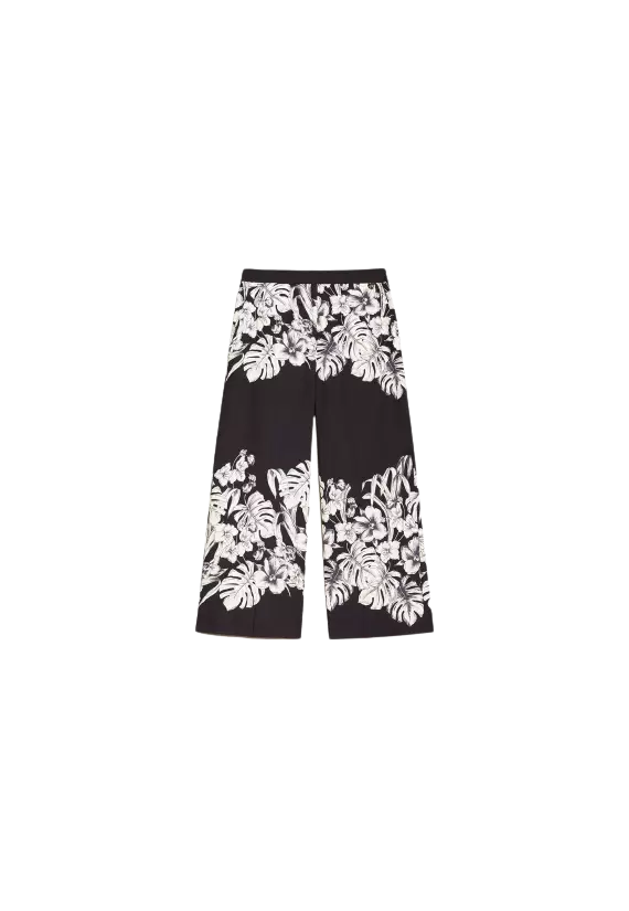 Pantaloni cropped ampi grafico nero donna con stampa a fiori | TWINSET Pantaloni cropped ampi grafico nero donna con stampa a fiori | TWINSET