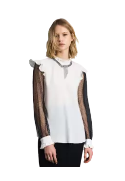 TWINSET Blusa Donna A-TI Maglia Seta Tulle trasparente Bianca Nera ...