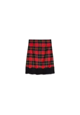 TWINSET Gonna Donna A-TI Corta Vita Alta Lana Quadri Pizzo Zip Ross...