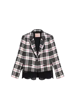 TWINSET Giacca Donna A-TI Blazer Lana Pizzo Bottone Quadri Grigia N...