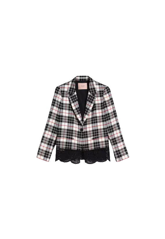 TWINSET Giacca Donna A-TI Blazer Lana Pizzo Bottone Quadri Grigia N... TWINSET Giacca Donna A-TI Blazer Lana Pizzo Bottone Quadri Grigia N...