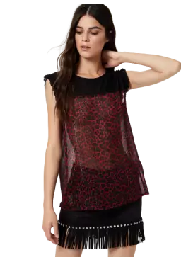 LIU JO Top Donna A-TI Georgette Chiusura Goccia Bottone Rosso Leopa...