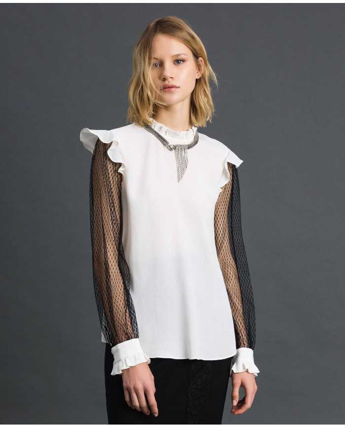 TWINSET Blusa Donna A-TI Maglia Seta Tulle trasparente Bianca Nera ...