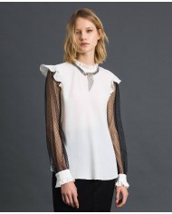 TWINSET Blusa Donna A-TI Maglia Seta Tulle trasparente Bianca Nera ...