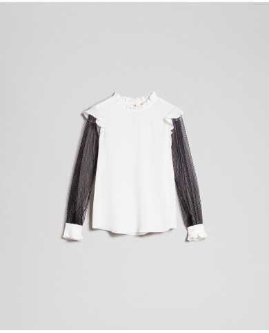 TWINSET Blusa Donna A-TI Maglia Seta Tulle trasparente Bianca Nera ...