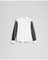 TWINSET Blusa Donna A-TI Maglia Seta Tulle trasparente Bianca Nera ...