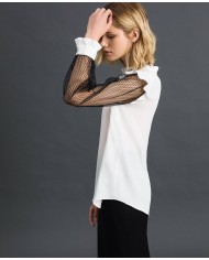 TWINSET Blusa Donna A-TI Maglia Seta Tulle trasparente Bianca Nera ...