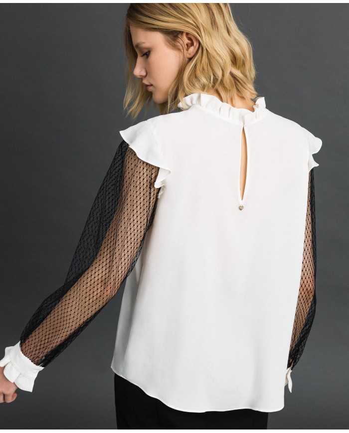 TWINSET Blusa Donna A-TI Maglia Seta Tulle trasparente Bianca Nera ...