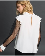 TWINSET Blusa Donna A-TI Maglia Seta Tulle trasparente Bianca Nera ...