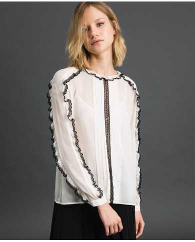 TWINSET Blusa Donna A-TI Maglia Volant Pizzo Georgette Bianca Nera ...