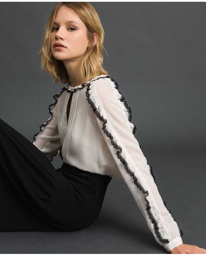 TWINSET Blusa Donna A-TI Maglia Volant Pizzo Georgette Bianca Nera ...