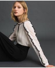 TWINSET Blusa Donna A-TI Maglia Volant Pizzo Georgette Bianca Nera ...