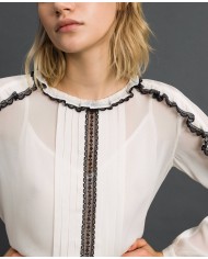 TWINSET Blusa Donna A-TI Maglia Volant Pizzo Georgette Bianca Nera ...