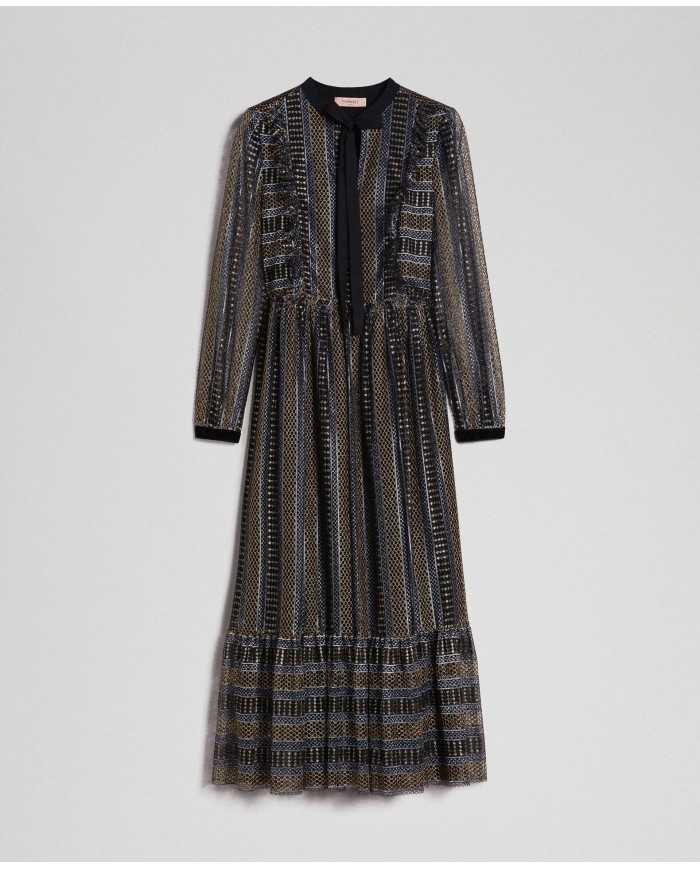 TWINSET Abito Donna A-TI Vestito Lungo Pizzo Volant Lurex Nero Nuov...