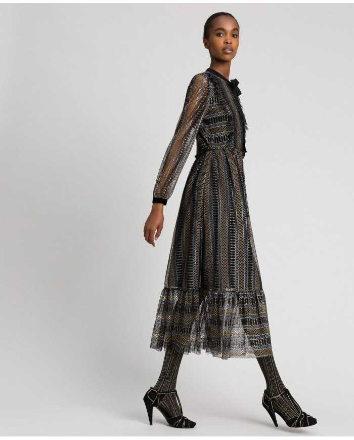 TWINSET Abito Donna A-TI Vestito Lungo Pizzo Volant Lurex Nero Nuov...