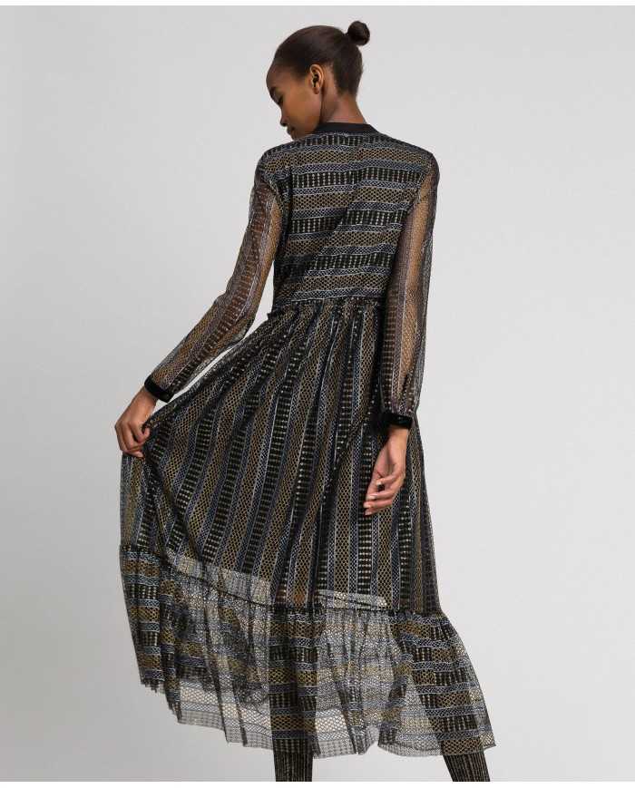 TWINSET Abito Donna A-TI Vestito Lungo Pizzo Volant Lurex Nero Nuov...