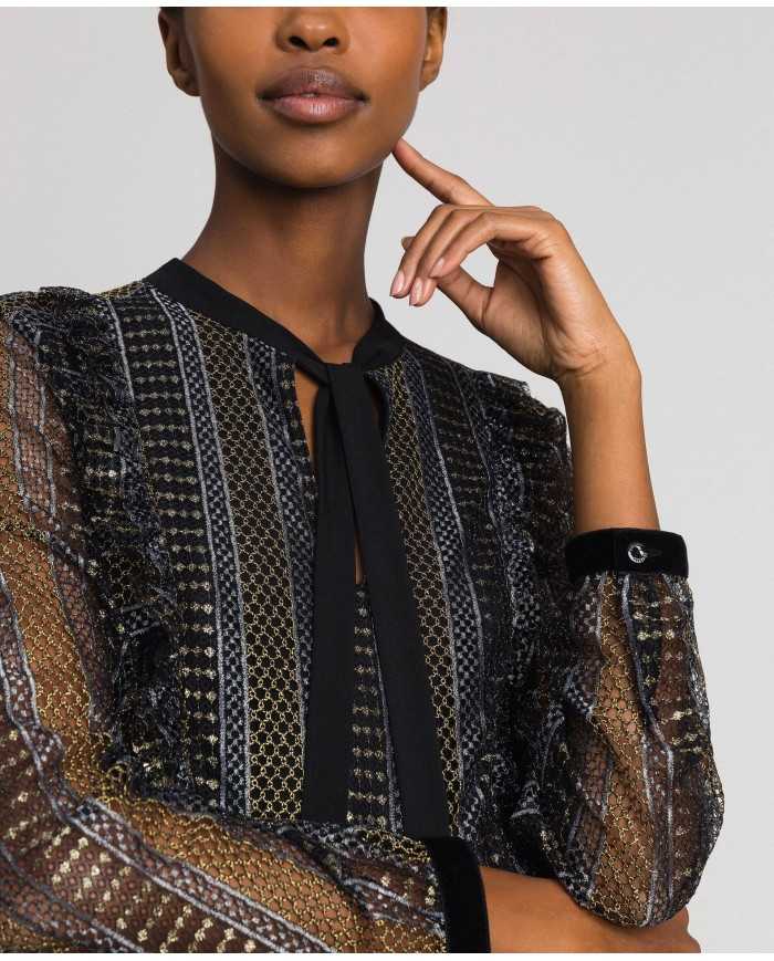 TWINSET Abito Donna A-TI Vestito Lungo Pizzo Volant Lurex Nero Nuov...