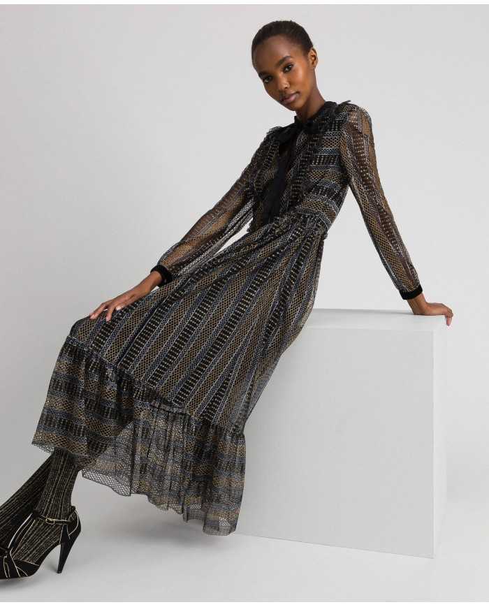 TWINSET Abito Donna A-TI Vestito Lungo Pizzo Volant Lurex Nero Nuov...