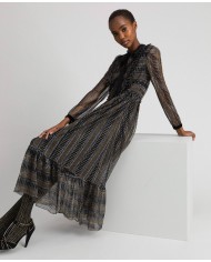 TWINSET Abito Donna A-TI Vestito Lungo Pizzo Volant Lurex Nero Nuov...