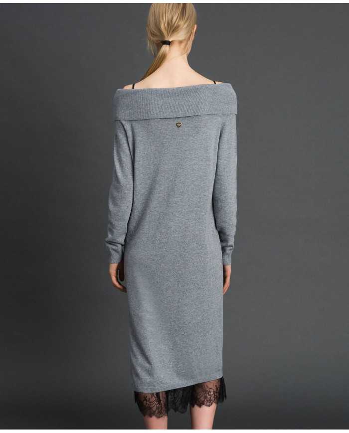 TWINSET Abito Donna A-TI Vestito Corto Cashmere Zip Sottoveste Pizz...