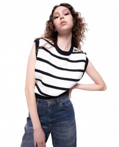 top gilet smanicato blu e bianco da donna con motivo stripes | PINKO