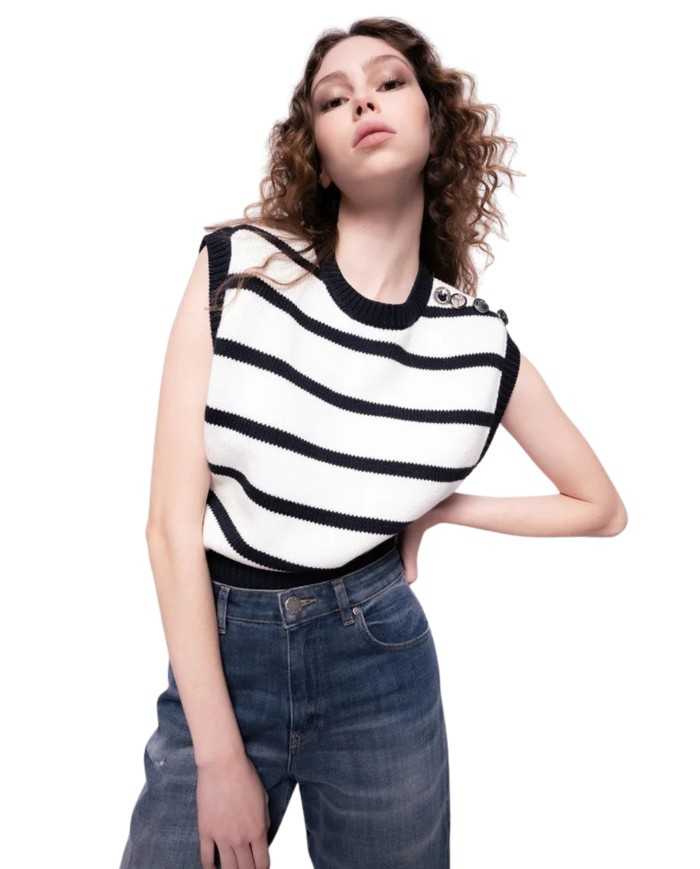 top gilet smanicato blu e bianco da donna con motivo stripes | PINKO top gilet smanicato blu e bianco da donna con motivo stripes | PINKO