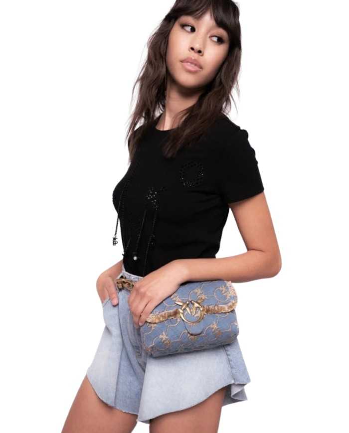 t-shirt nero limousine da donna con dettagli ricamati | PINKO