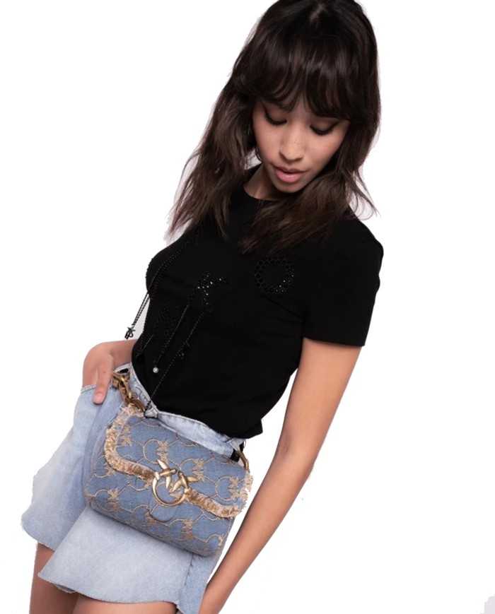 t-shirt nero limousine da donna con dettagli ricamati | PINKO