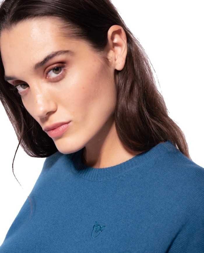 maglione blu da donna con ricamo logato LOVE BIRDS | PINKO