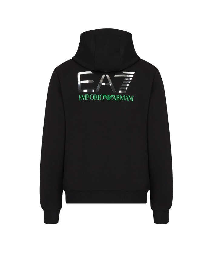 felpa nera a uomo con interno verde fluo e logo con scritta EA7