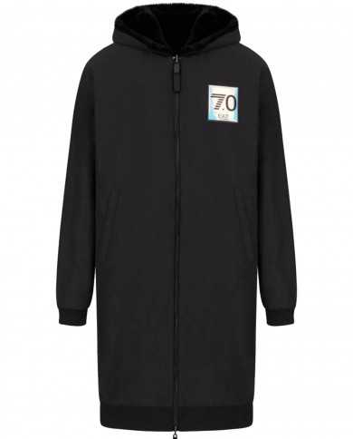giaccone lungo nero da uomo con logo patch con numero 70 | EA7