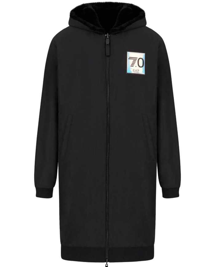 giaccone lungo nero da uomo con logo patch con numero 70 | EA7