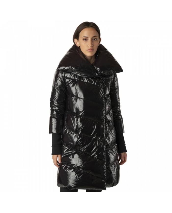 HOMEWARD Piumino Donna A TI Giacca Giubbino Collo Grande Nero Lucid