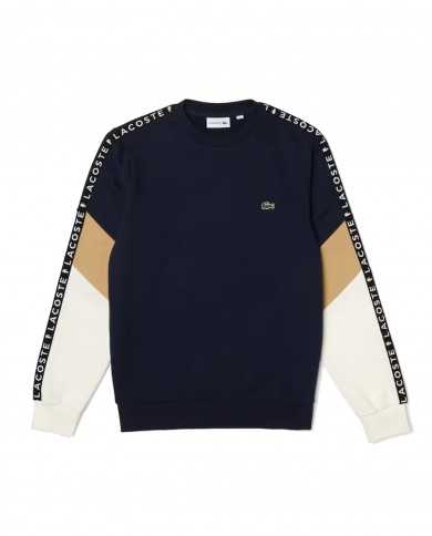 felpa navy da uomo con maniche beige/bianche e logo stripes | LACOSTE