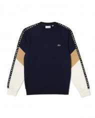 felpa navy da uomo con maniche beige/bianche e logo stripes | LACOSTE felpa navy da uomo con maniche beige/bianche e logo stripes | LACOSTE