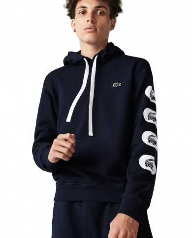 felpa blue navy da uomo con stampa logo all-over sul braccio | LACOSTE