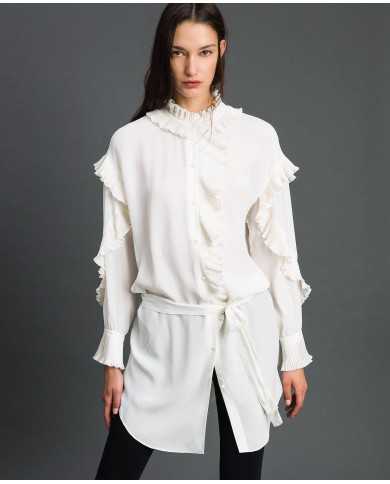 TWINSET Vestito Donna A-TI Abito Tunica Misto Seta Crepe Cinta Bian...