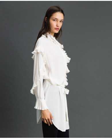 TWINSET Vestito Donna A-TI Abito Tunica Misto Seta Crepe Cinta Bian...