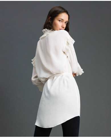 TWINSET Vestito Donna A-TI Abito Tunica Misto Seta Crepe Cinta Bian...