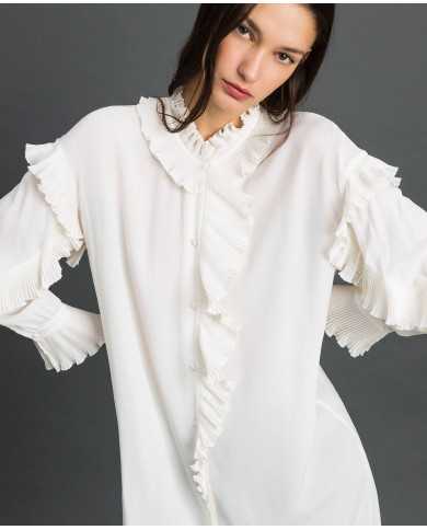 TWINSET Vestito Donna A-TI Abito Tunica Misto Seta Crepe Cinta Bian...