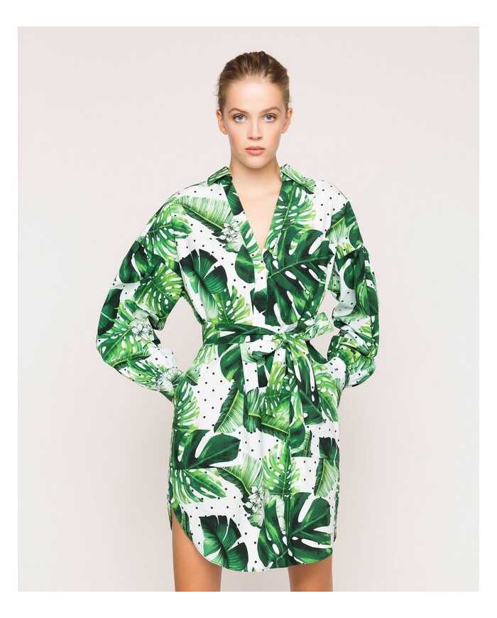 Abito chemisier donna con stampa foglie tropicale pois verde | TWINSET