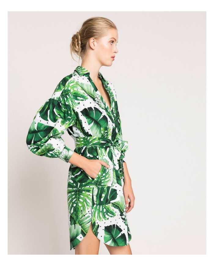 Abito chemisier donna con stampa foglie tropicale pois verde | TWINSET Abito chemisier donna con stampa foglie tropicale pois verde | TWINSET