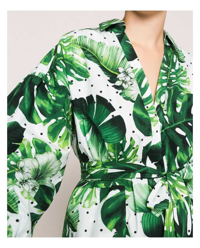 Abito chemisier donna con stampa foglie tropicale pois verde | TWINSET