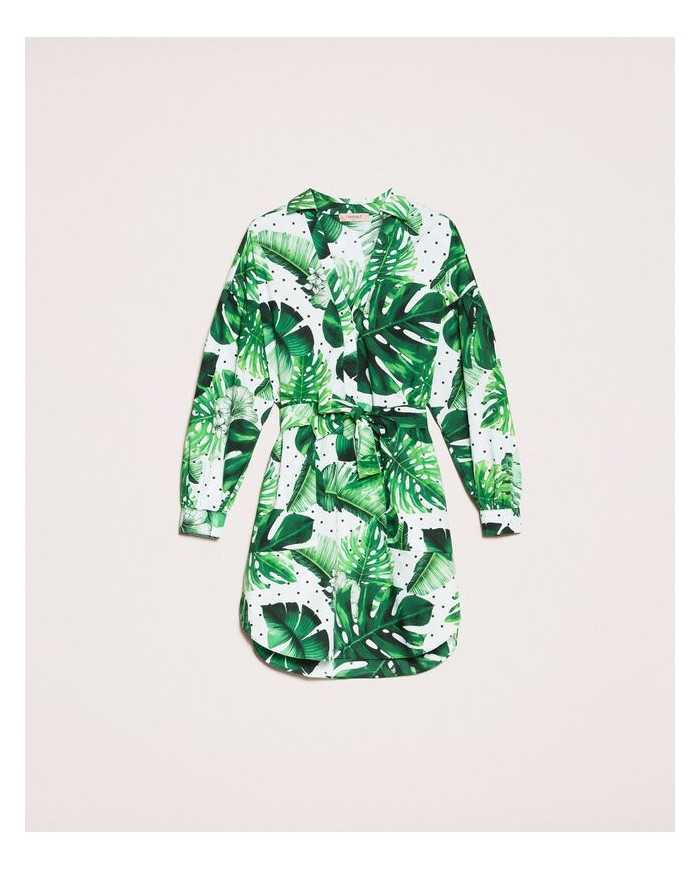 Abito chemisier donna con stampa foglie tropicale pois verde | TWINSET