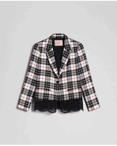 TWINSET Giacca Donna A-TI Blazer Lana Pizzo Bottone Quadri Grigia N...