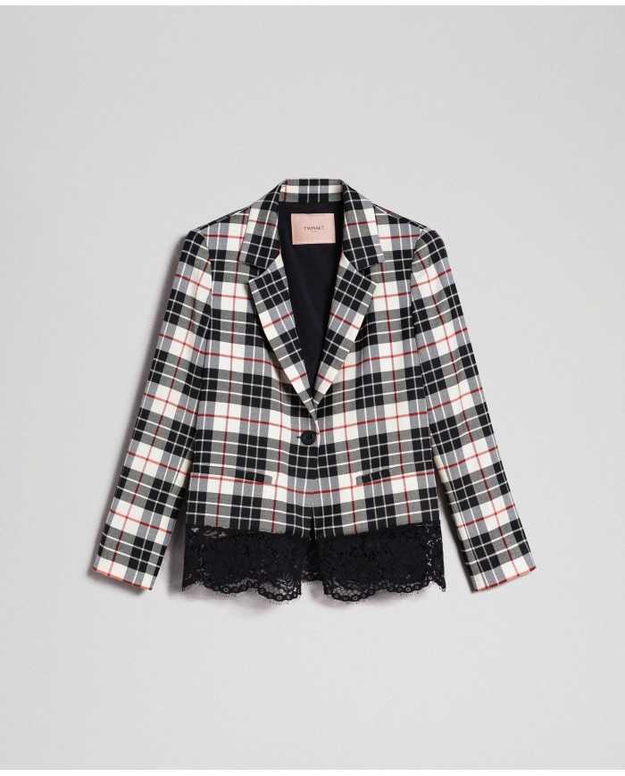 TWINSET Giacca Donna A-TI Blazer Lana Pizzo Bottone Quadri Grigia N...