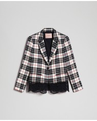 TWINSET Giacca Donna A-TI Blazer Lana Pizzo Bottone Quadri Grigia N...