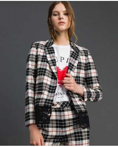 TWINSET Giacca Donna A-TI Blazer Lana Pizzo Bottone Quadri Grigia N...