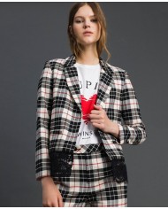 TWINSET Giacca Donna A-TI Blazer Lana Pizzo Bottone Quadri Grigia N...